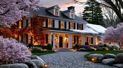 Colonial House With Seasonal Contrast And Landscaping