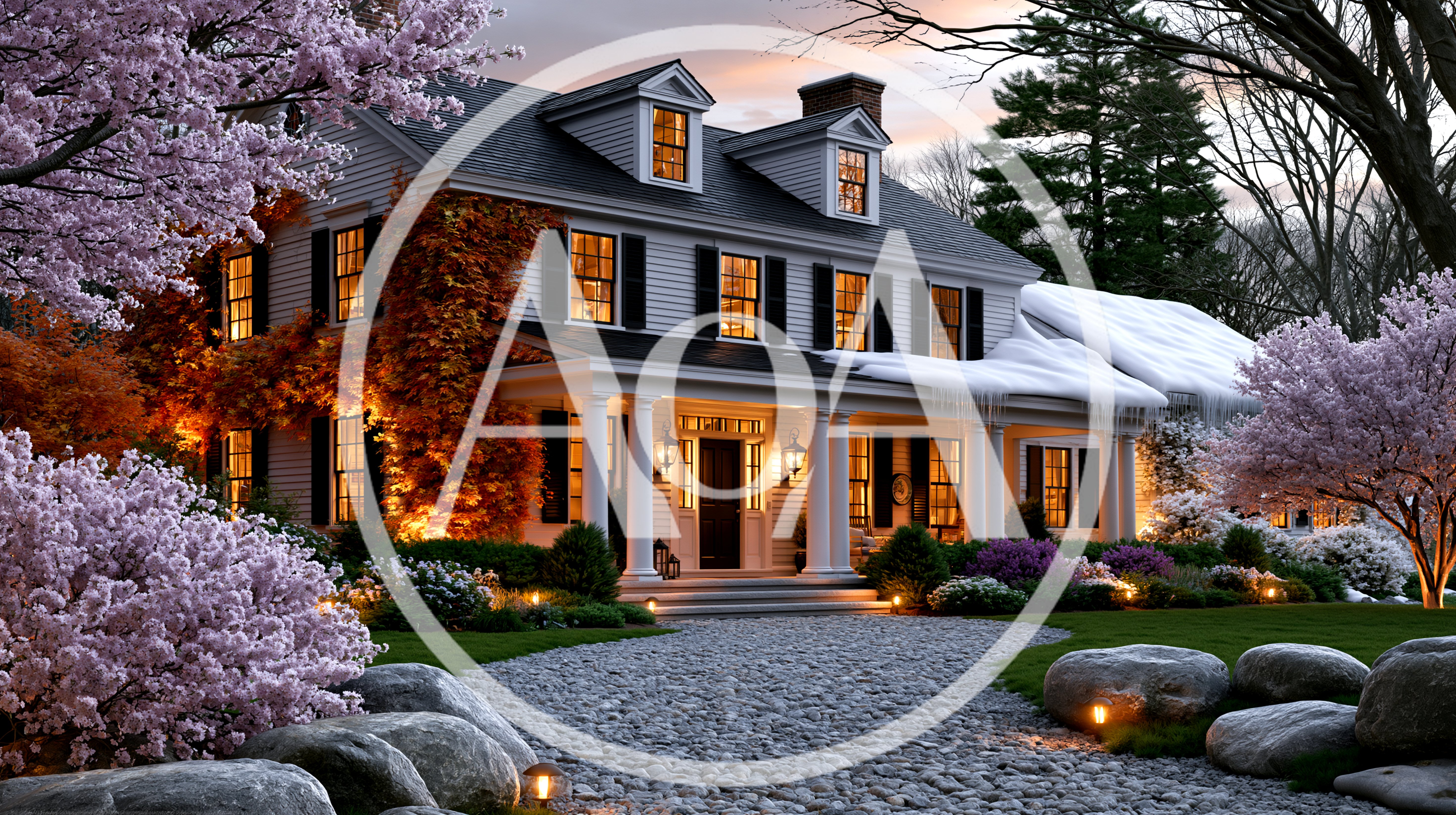 Colonial House With Seasonal Contrast And Landscaping