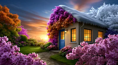 Surreal Cottage With Seasonal Transitions In A Magical Garden