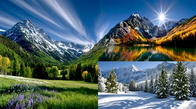 Composite Landscape Featuring Seasonal Mountain Scenery