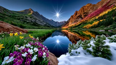 Stunning Mountain Lake Landscape With Flowers And Snow
