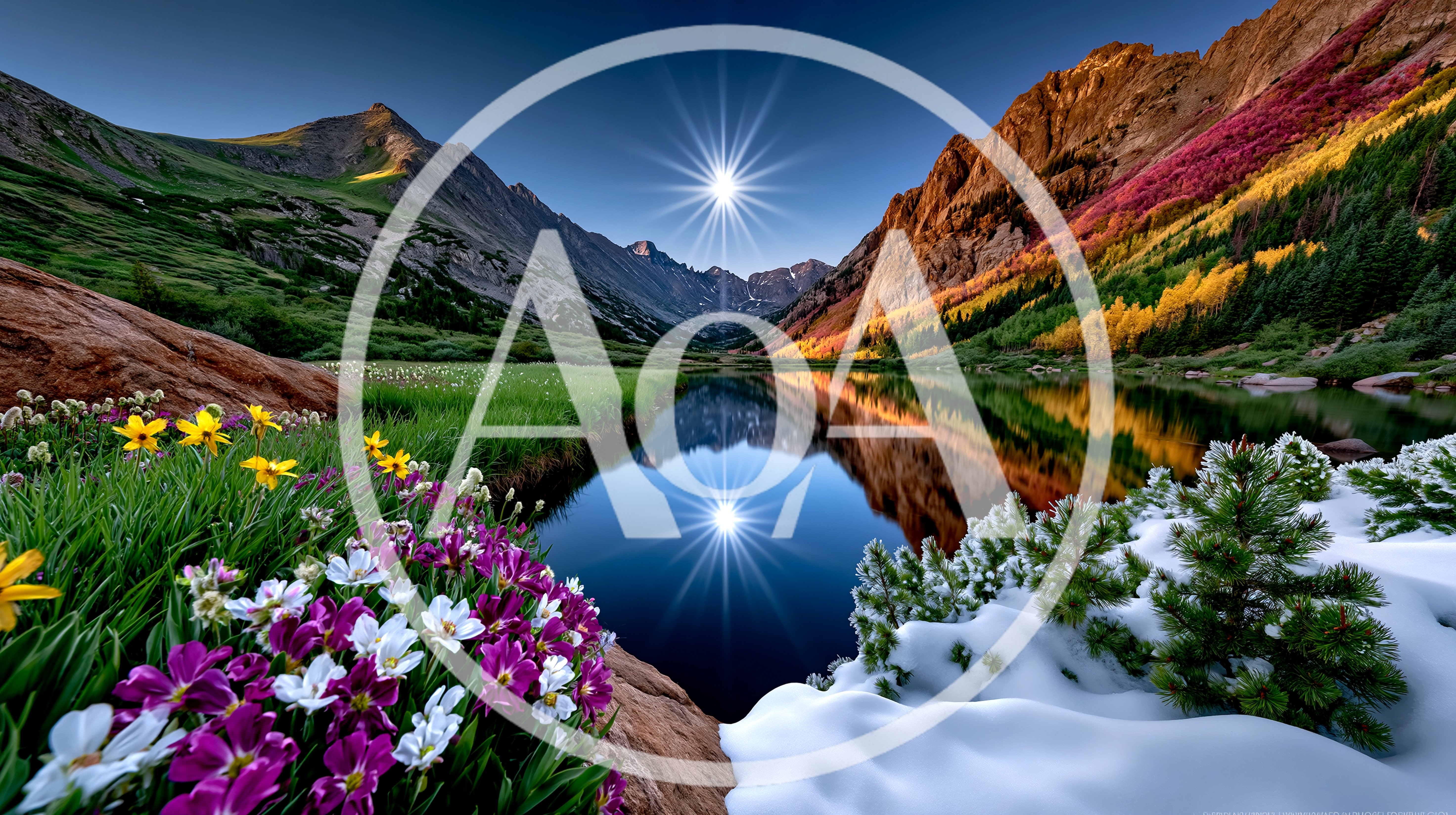 Stunning Mountain Lake Landscape With Flowers And Snow