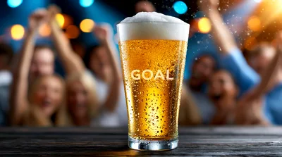 Glass Of Beer With Goal Text In Sports Bar
