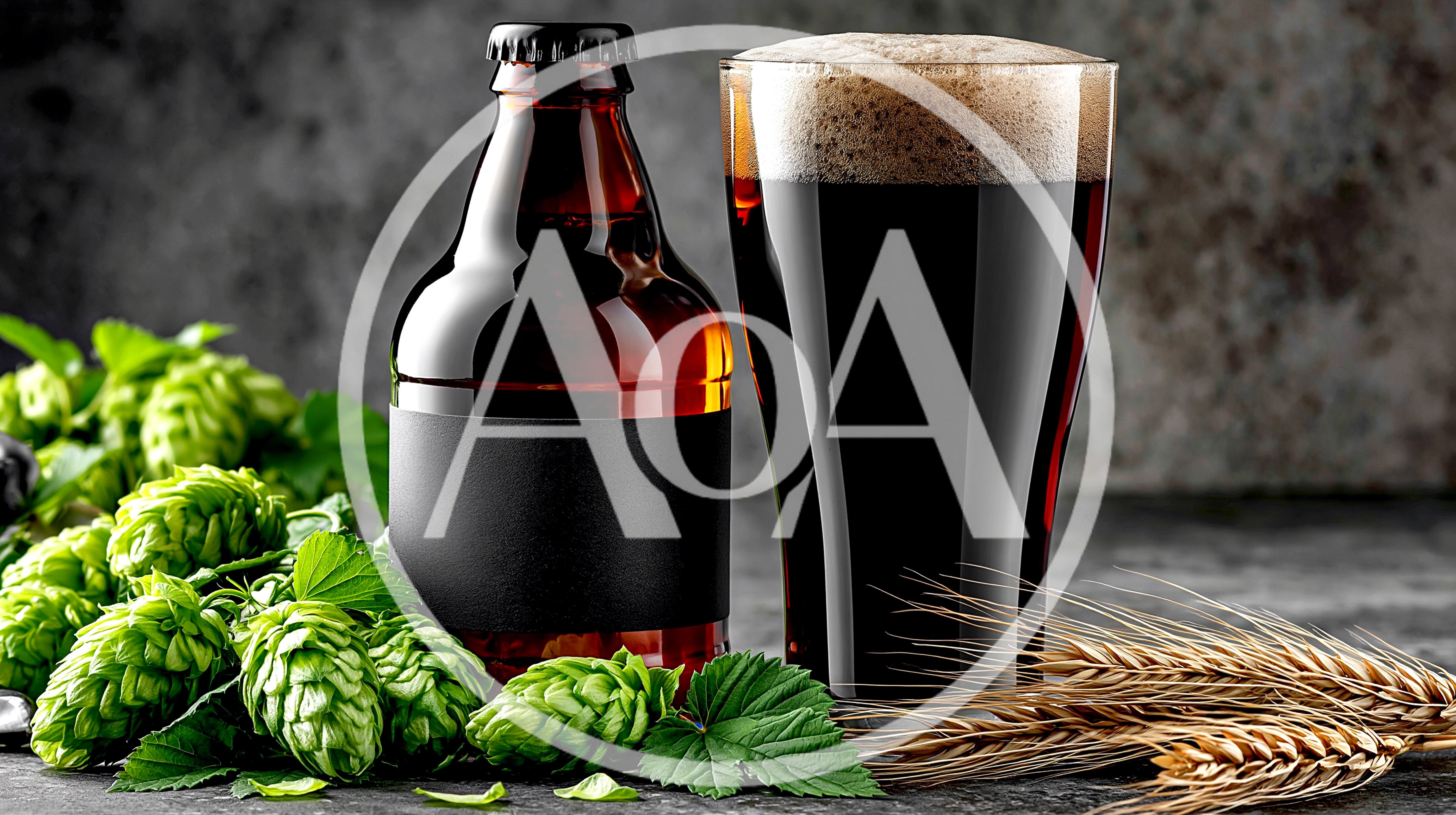 Dark Beer Bottle and Glass with Hops and Barley