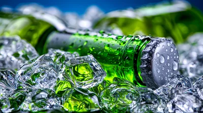 Green Beer Bottle Chilling In Ice Cubes