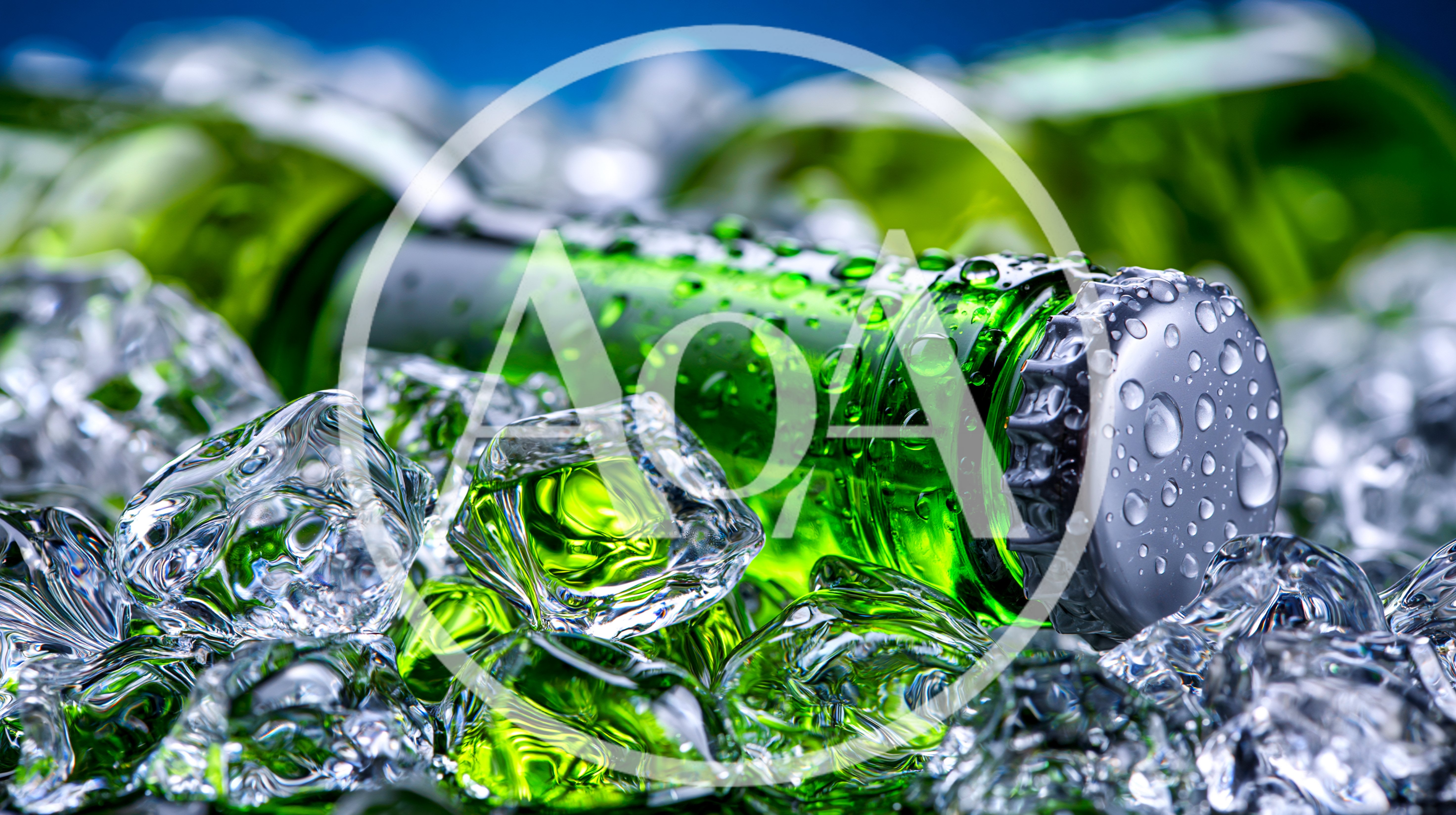 Green Beer Bottle Chilling In Ice Cubes