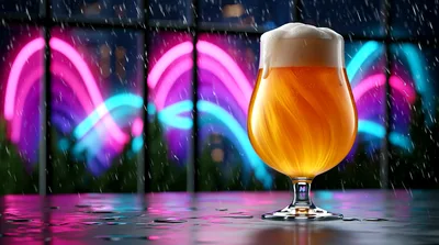 Glass Of Beer On A Rainy Night With Neon Lights