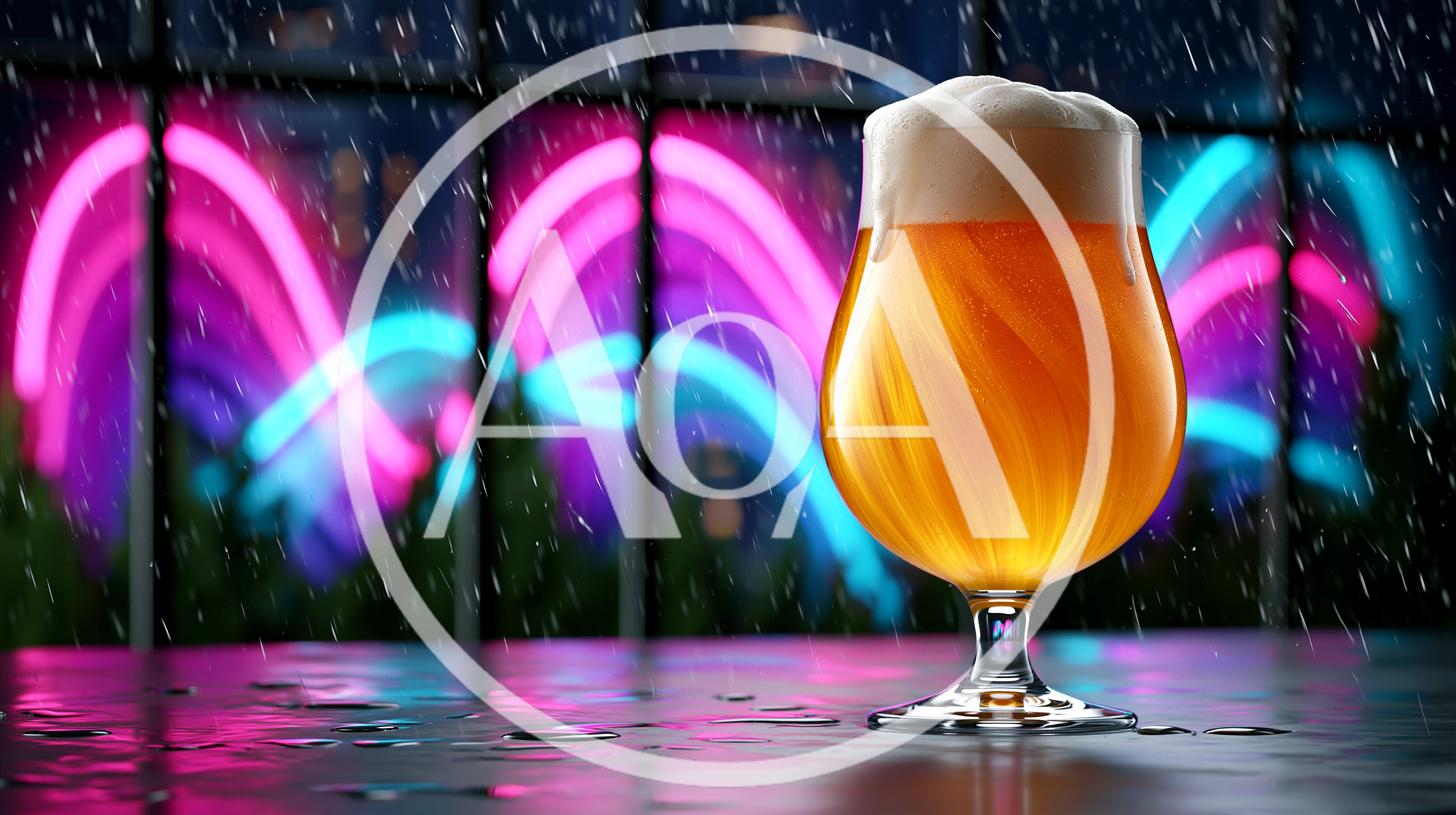 Glass Of Beer On A Rainy Night With Neon Lights