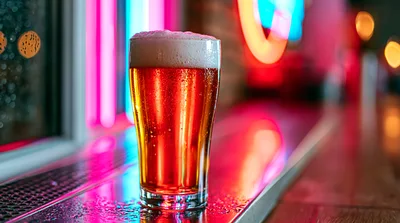 Glass Of Cold Beer On A Neon Lit Bar