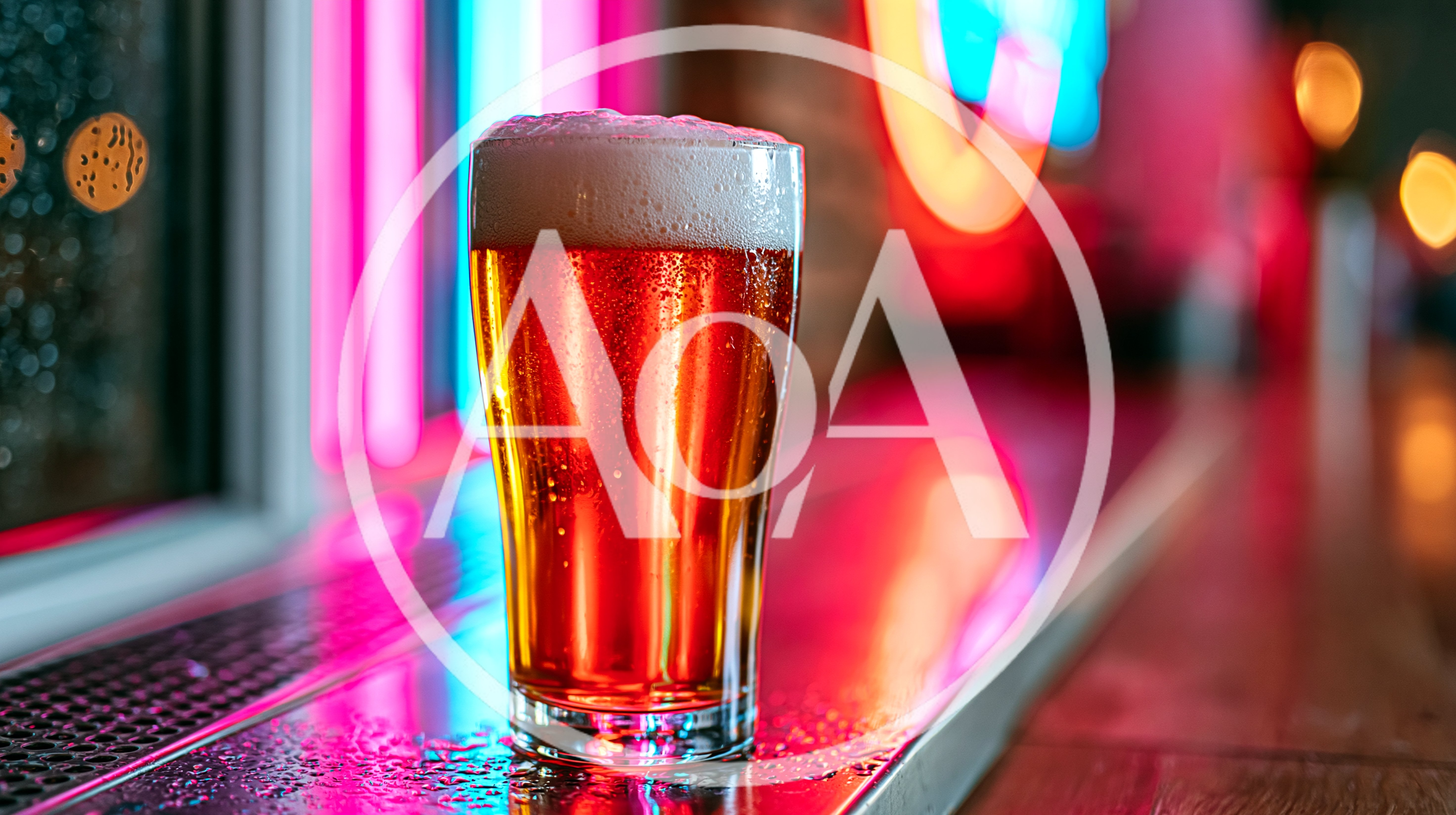 Glass Of Cold Beer On A Neon Lit Bar