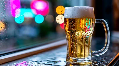 Glass Mug Of Golden Beer On A Wet Surface