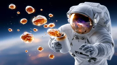 Astronaut Drinking Liquid From Can In Outer Space