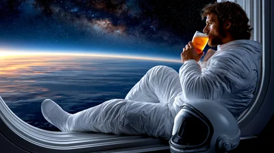Astronaut Drinking Beer While Looking Out Space Station Window