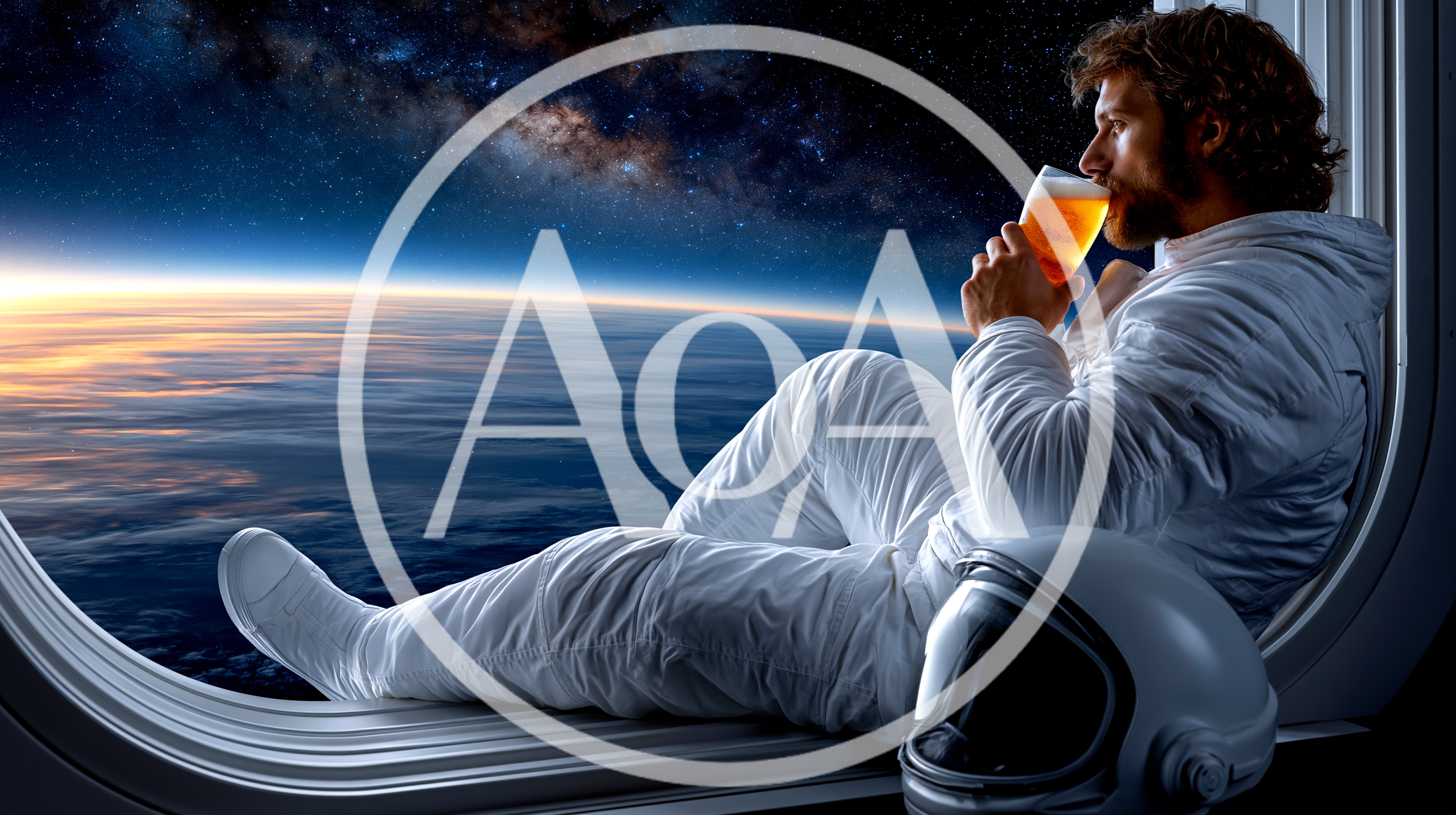 Astronaut Drinking Beer While Looking Out Space Station Window
