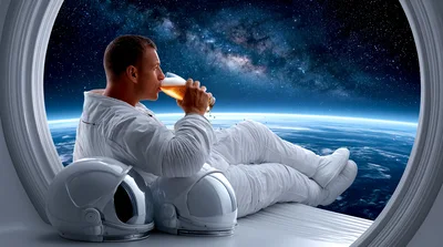 Astronaut Relaxing With A Beer In Space Station