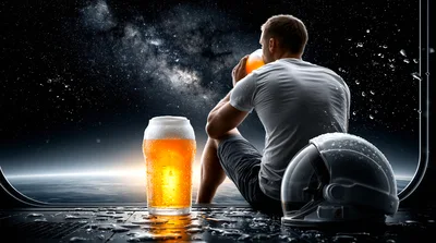 Astronaut Drinking Beer While Looking Out Space Station Window