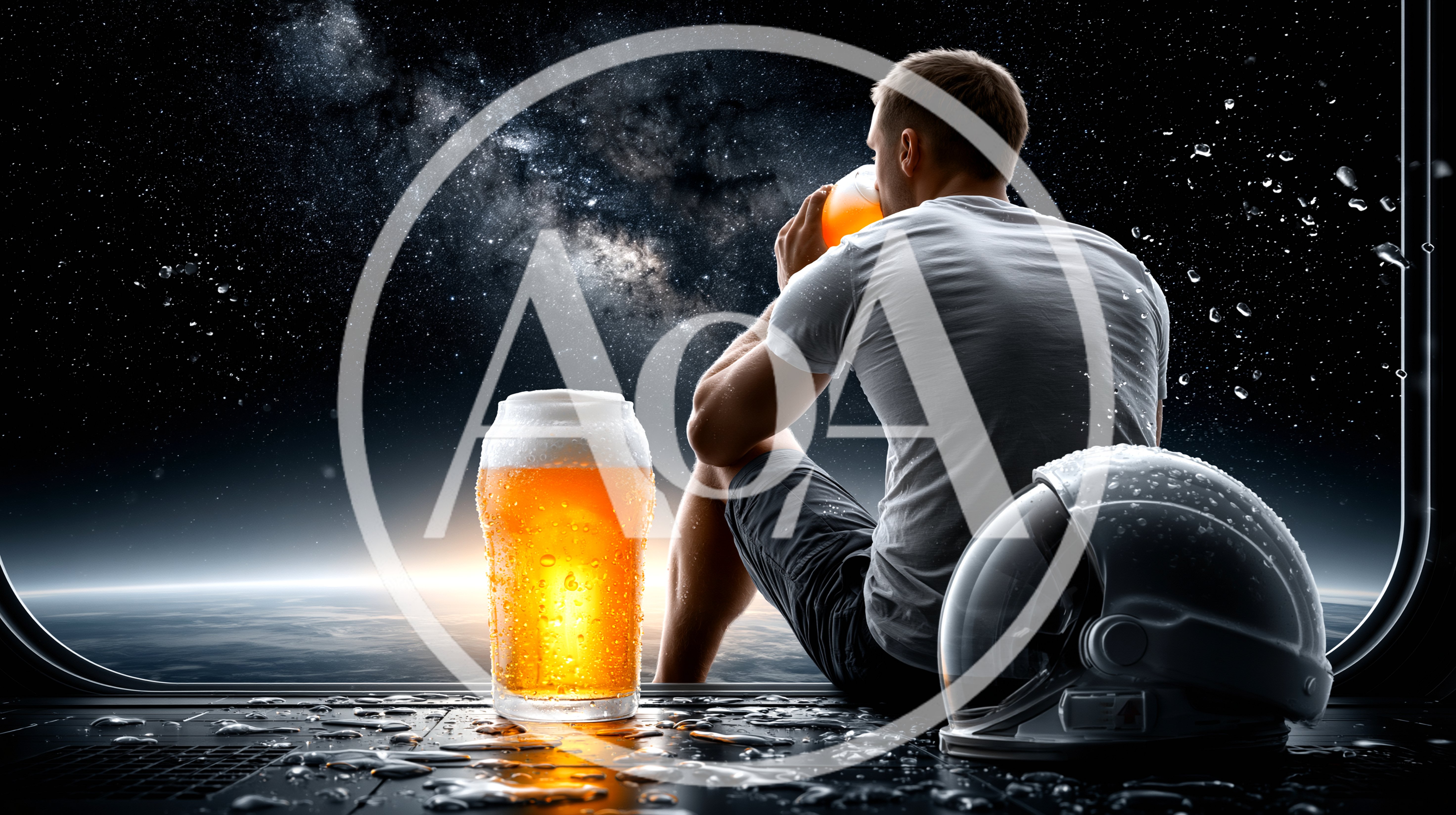 Astronaut Drinking Beer While Looking Out Space Station Window