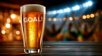 Glass Of Beer With Goal Text In Sports Bar