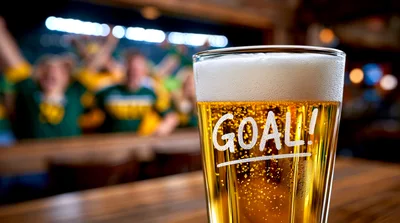 Beer Glass With Goal Text In Sports Bar
