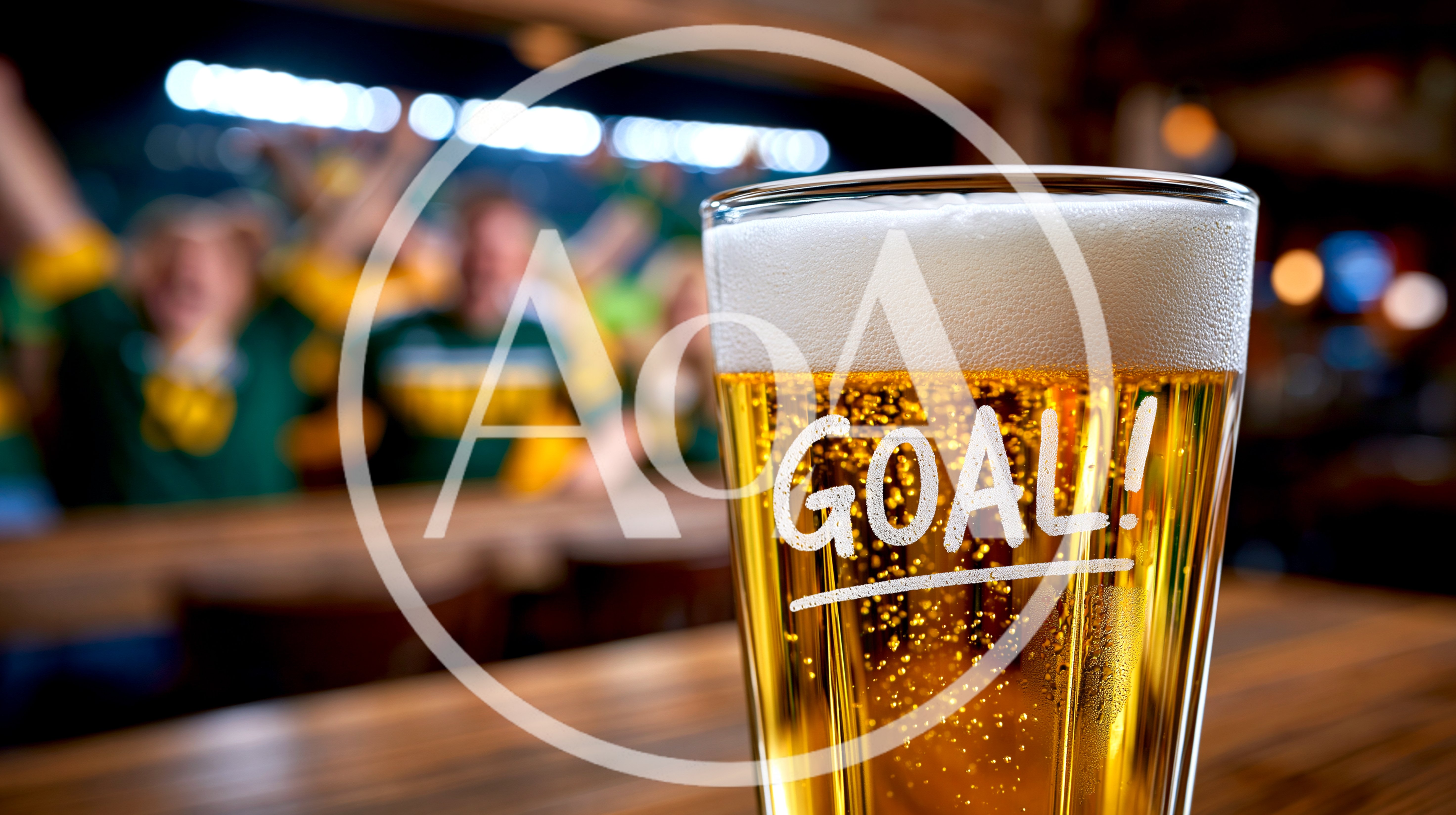 Beer Glass With Goal Text In Sports Bar