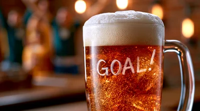 Glass Of Beer With Goal Text In A Pub