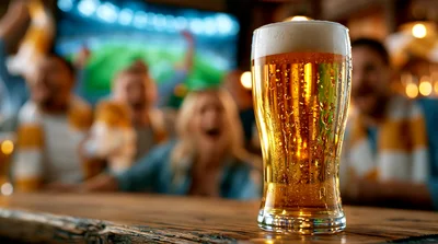 Glass Of Beer On Bar Counter During Sports Match