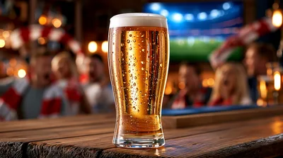 Glass Of Beer On A Bar Counter During Sports Match