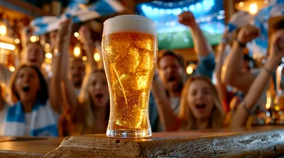 Beer Glass On Bar Counter With Cheering Sports Fans
