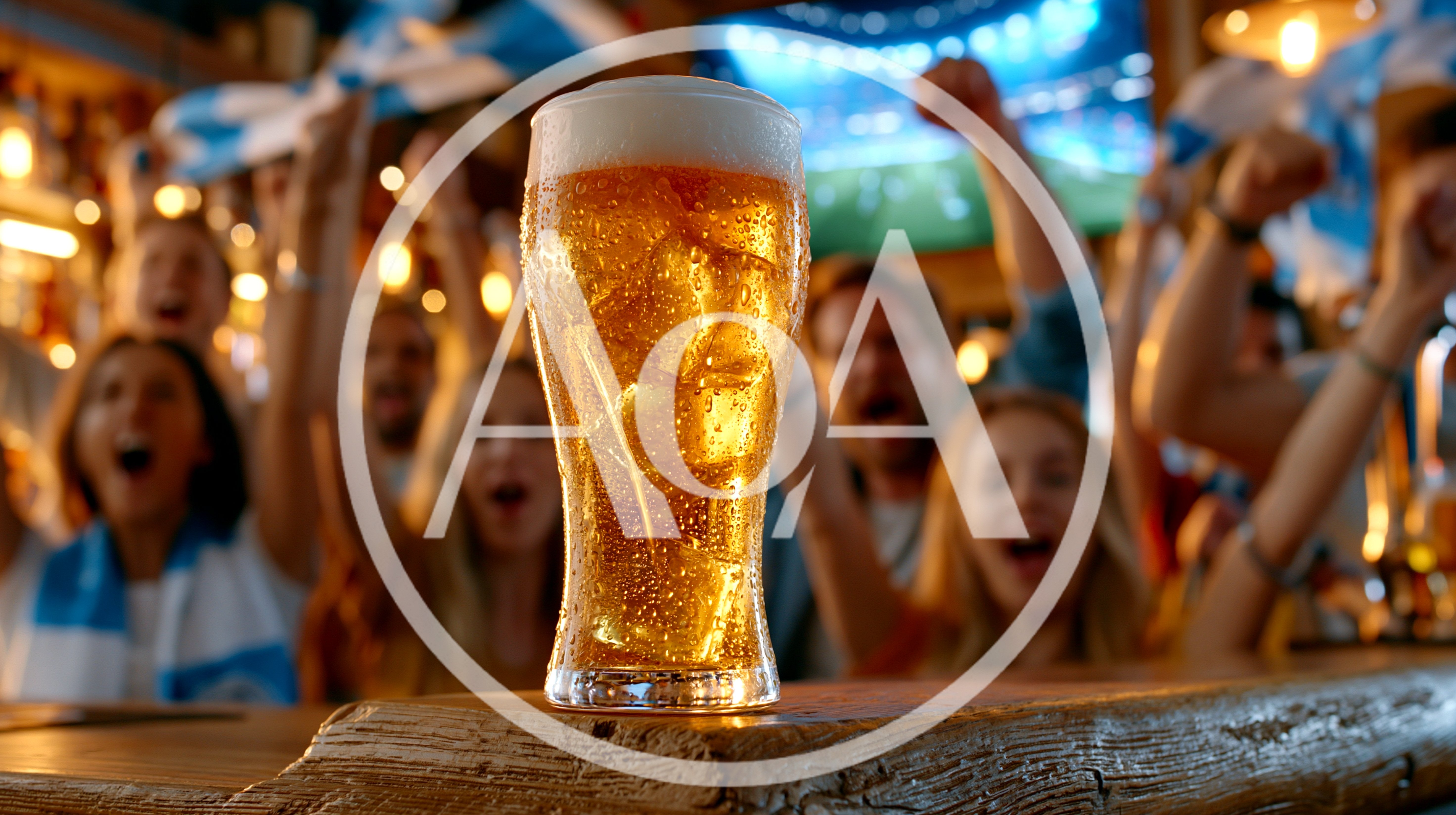Beer Glass On Bar Counter With Cheering Sports Fans