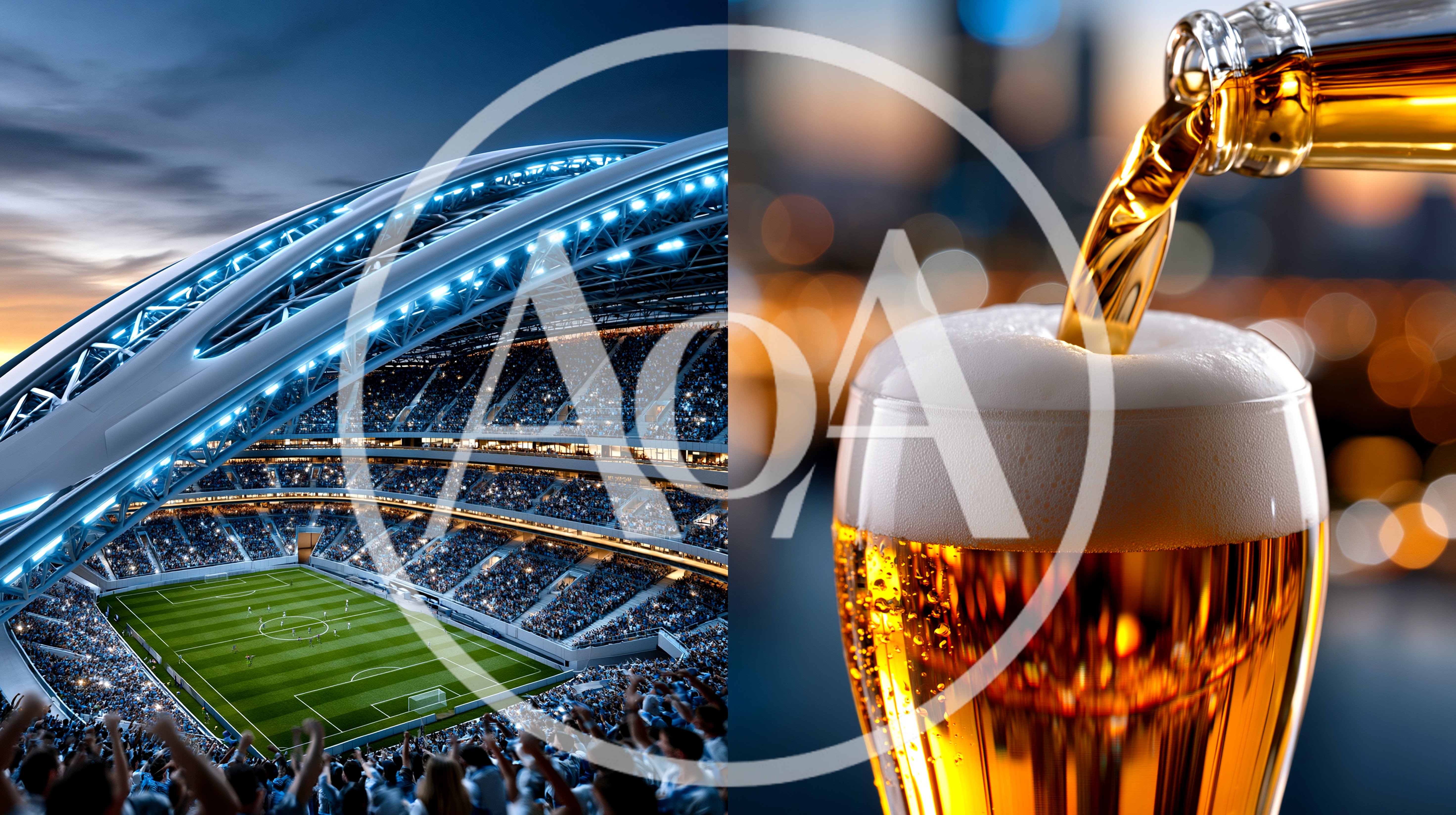 Split Screen Stadium View And Beer Pouring