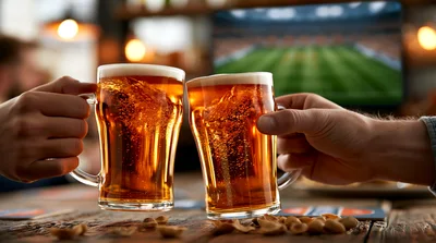 Two Friends Toasting Beer Mugs In A Sports Bar