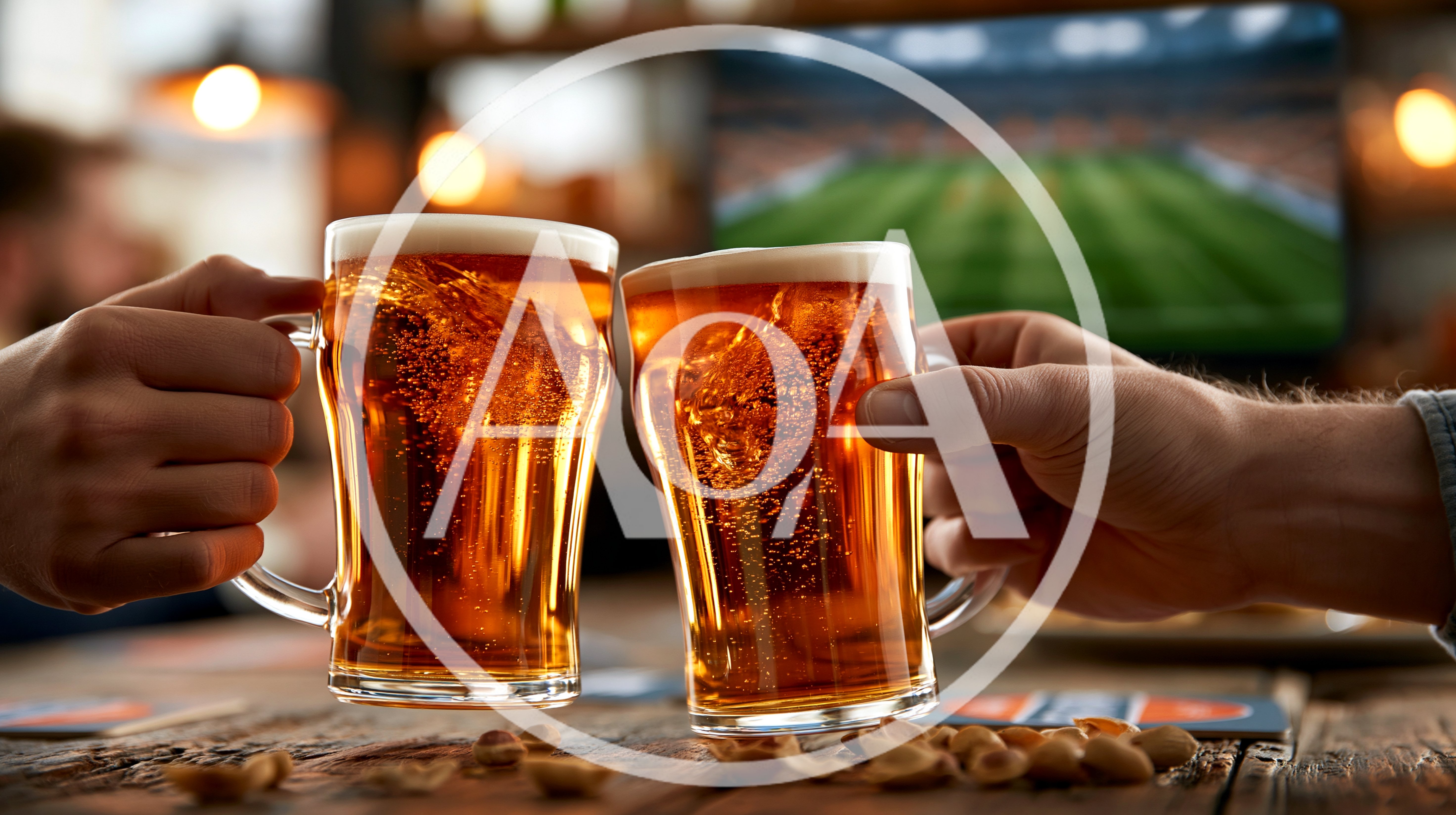 Two Friends Toasting Beer Mugs In A Sports Bar