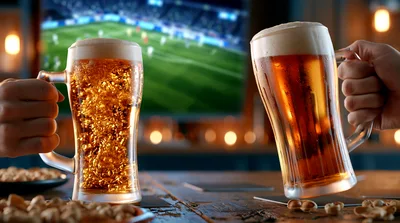 Two People Toasting Beer Mugs While Watching Soccer