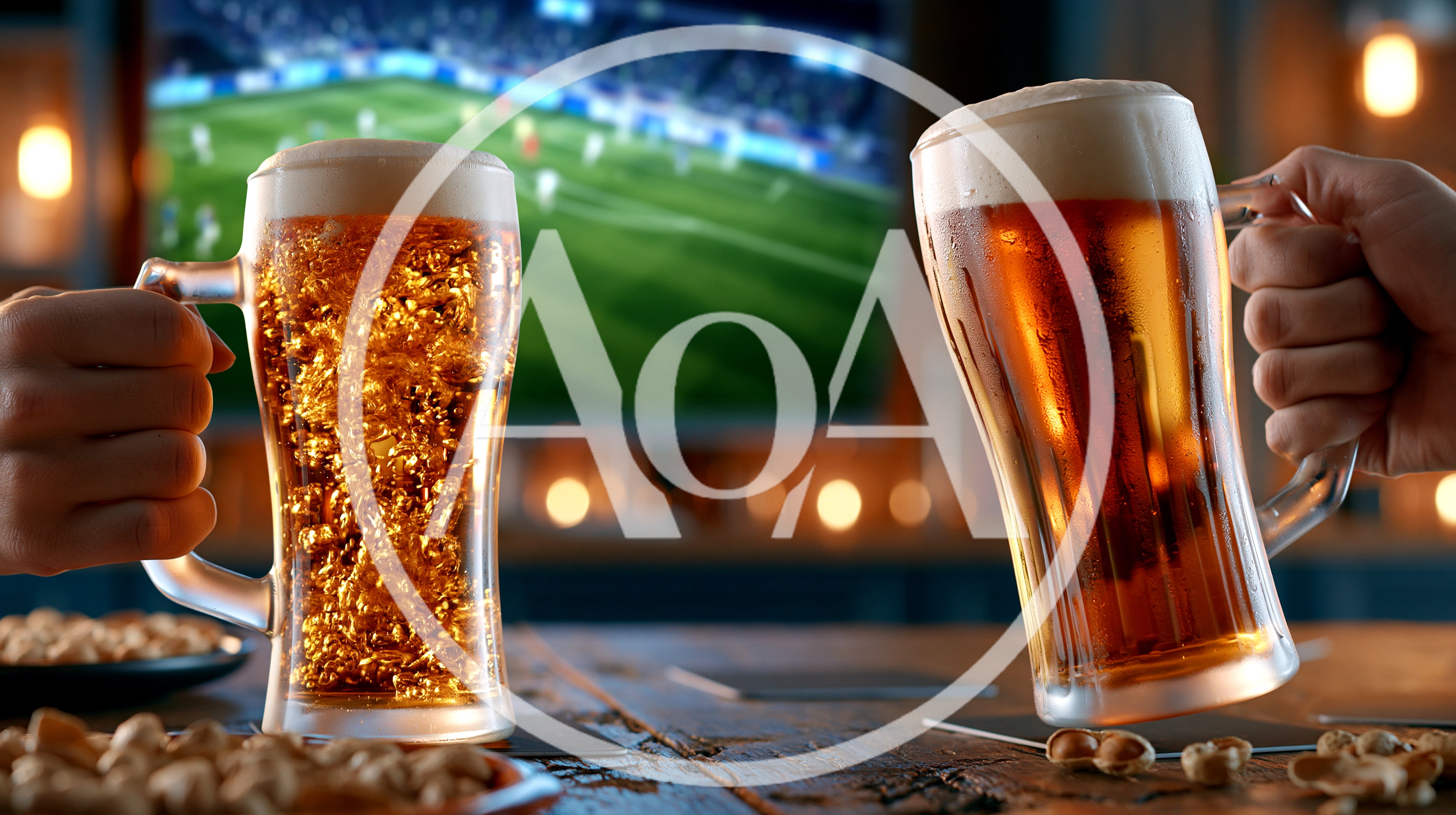 Two People Toasting Beer Mugs While Watching Soccer