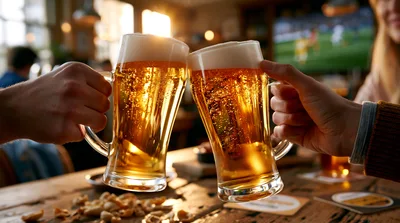 Friends Toasting With Beer Mugs In A Pub