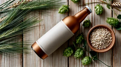 Craft Beer Bottle With Hops And Barley Grains