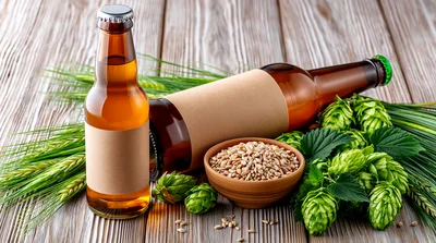 Craft Beer Bottles With Hops And Barley Grains