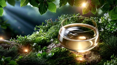 Glass Of Golden Liquid In A Forest Setting