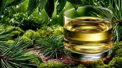 Glass Of Golden Pine Needle Tea In Forest