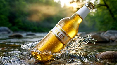 Cold Beer Bottle Splashing Into A Mountain Stream