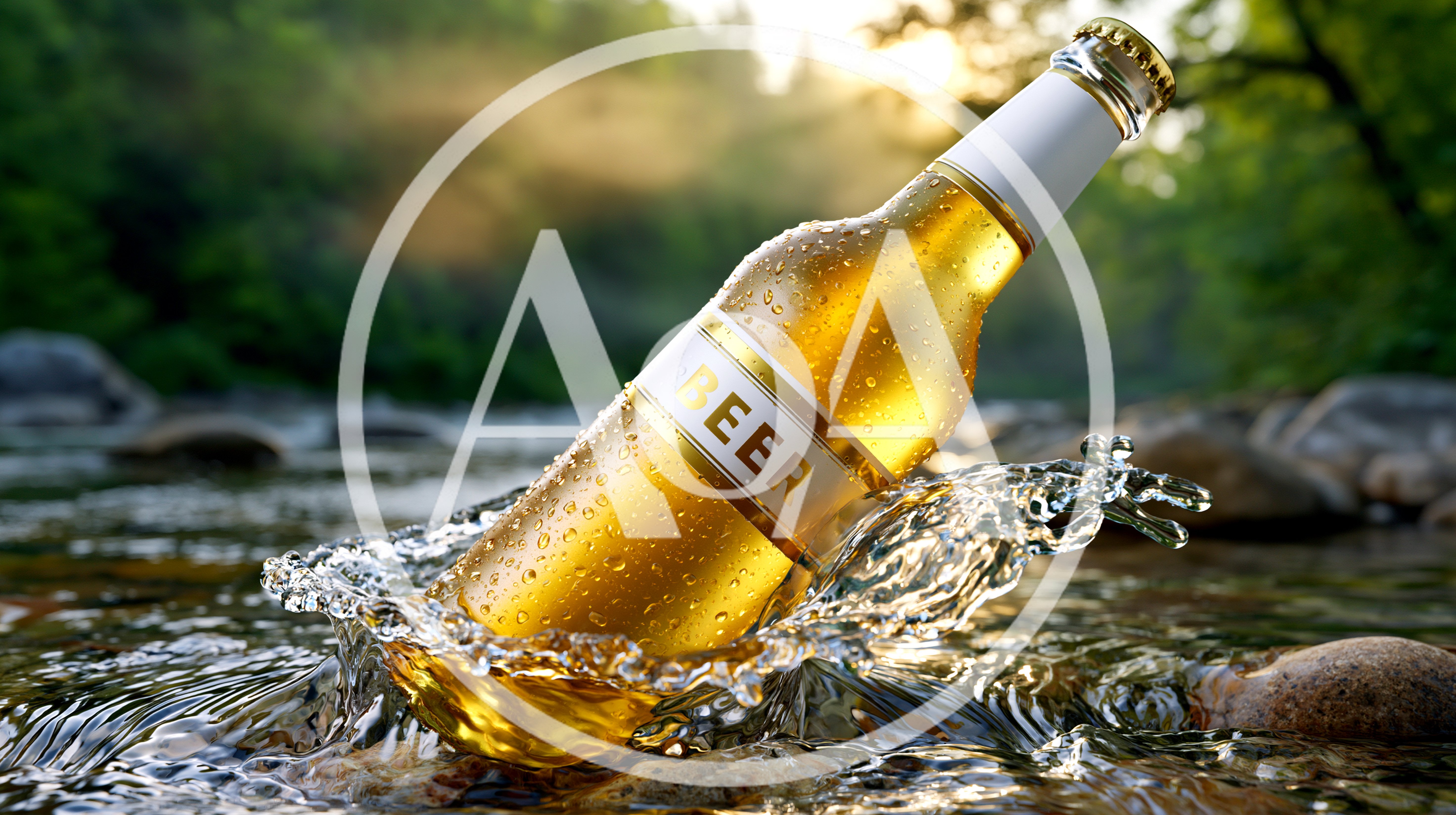 Cold Beer Bottle Splashing Into A Mountain Stream