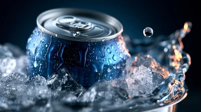 Blue Soda Can Chilling In Ice With Water Splashes