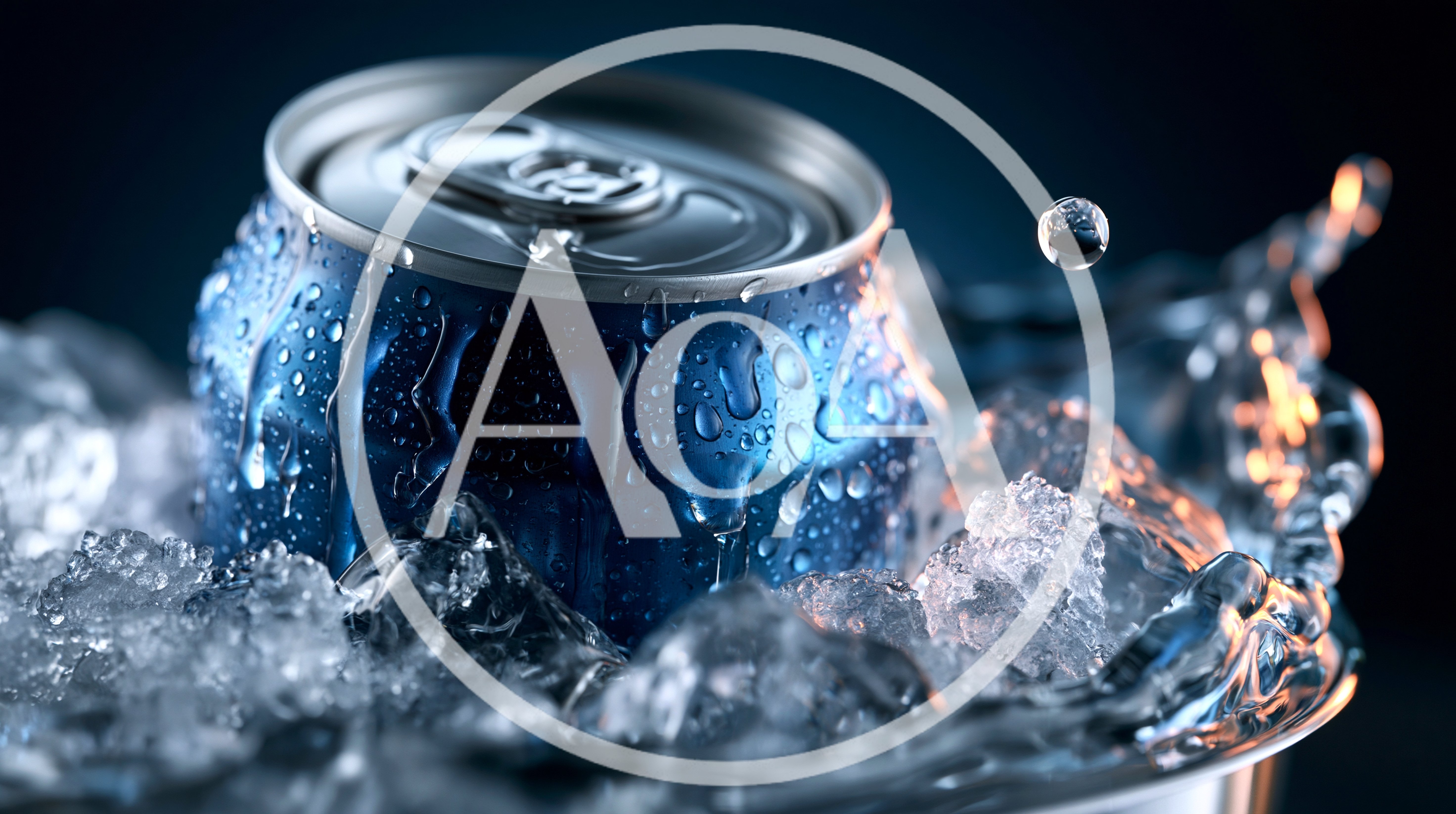 Blue Soda Can Chilling In Ice With Water Splashes