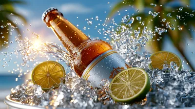 Beer Bottle With Lime Slices In Ice Bucket