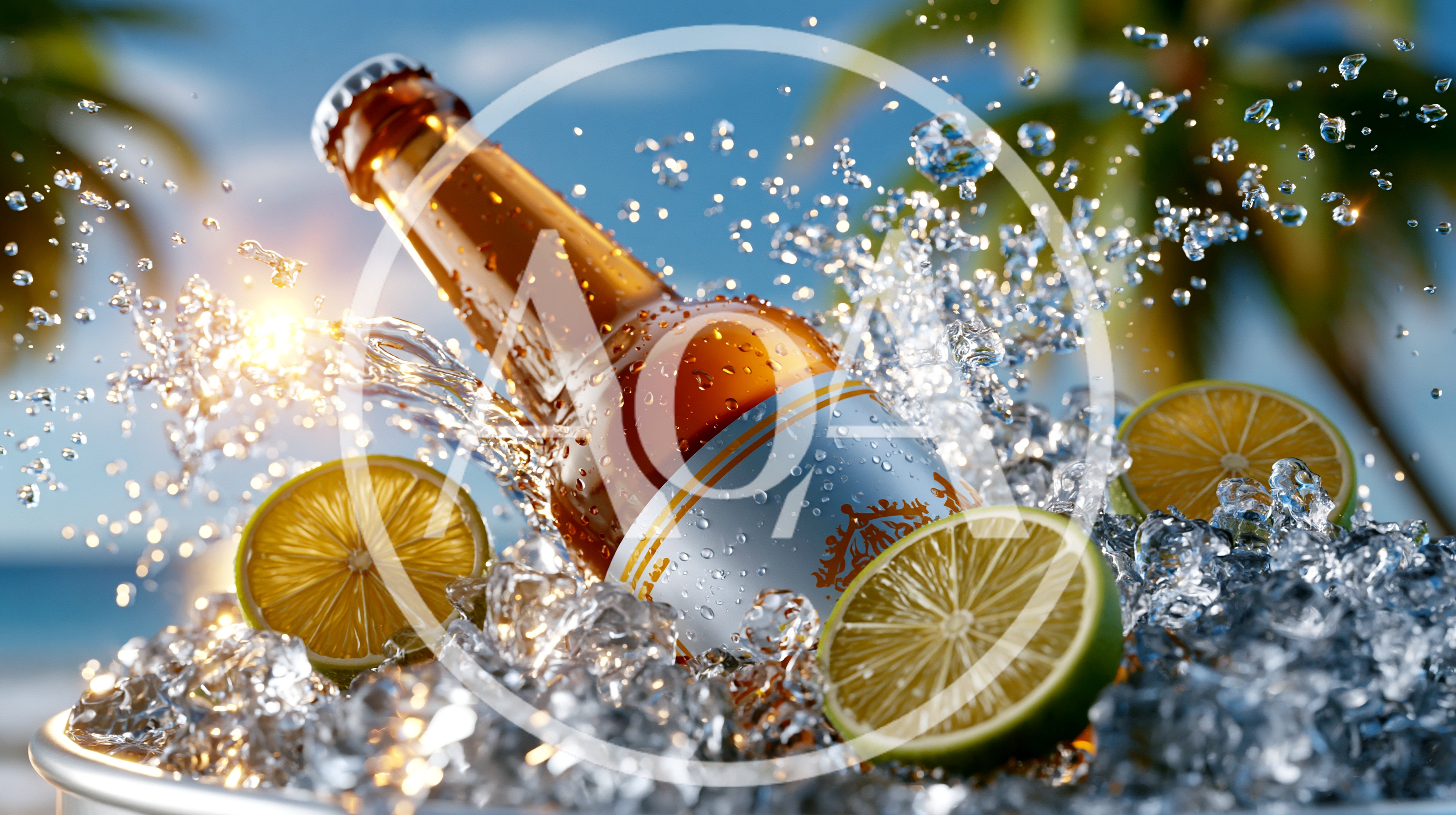 Beer Bottle With Lime Slices In Ice Bucket