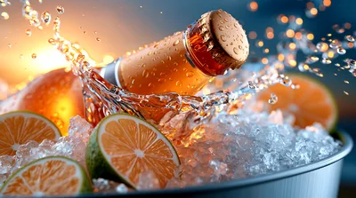 Refreshing Beer Bottle Splashing Into Ice With Citrus