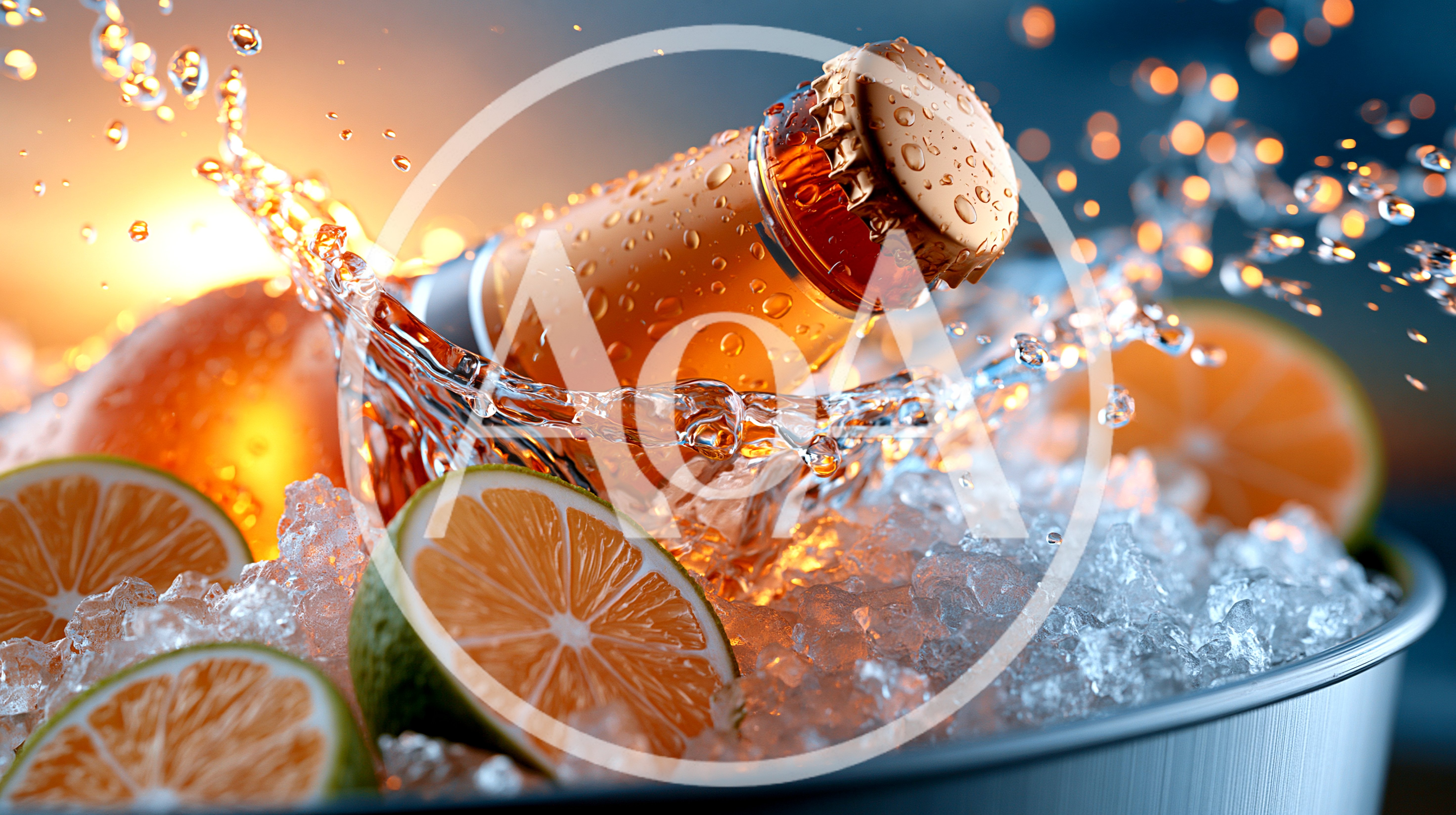Refreshing Beer Bottle Splashing Into Ice With Citrus