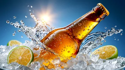 Beer Bottle Splashing In Ice With Lime Slices