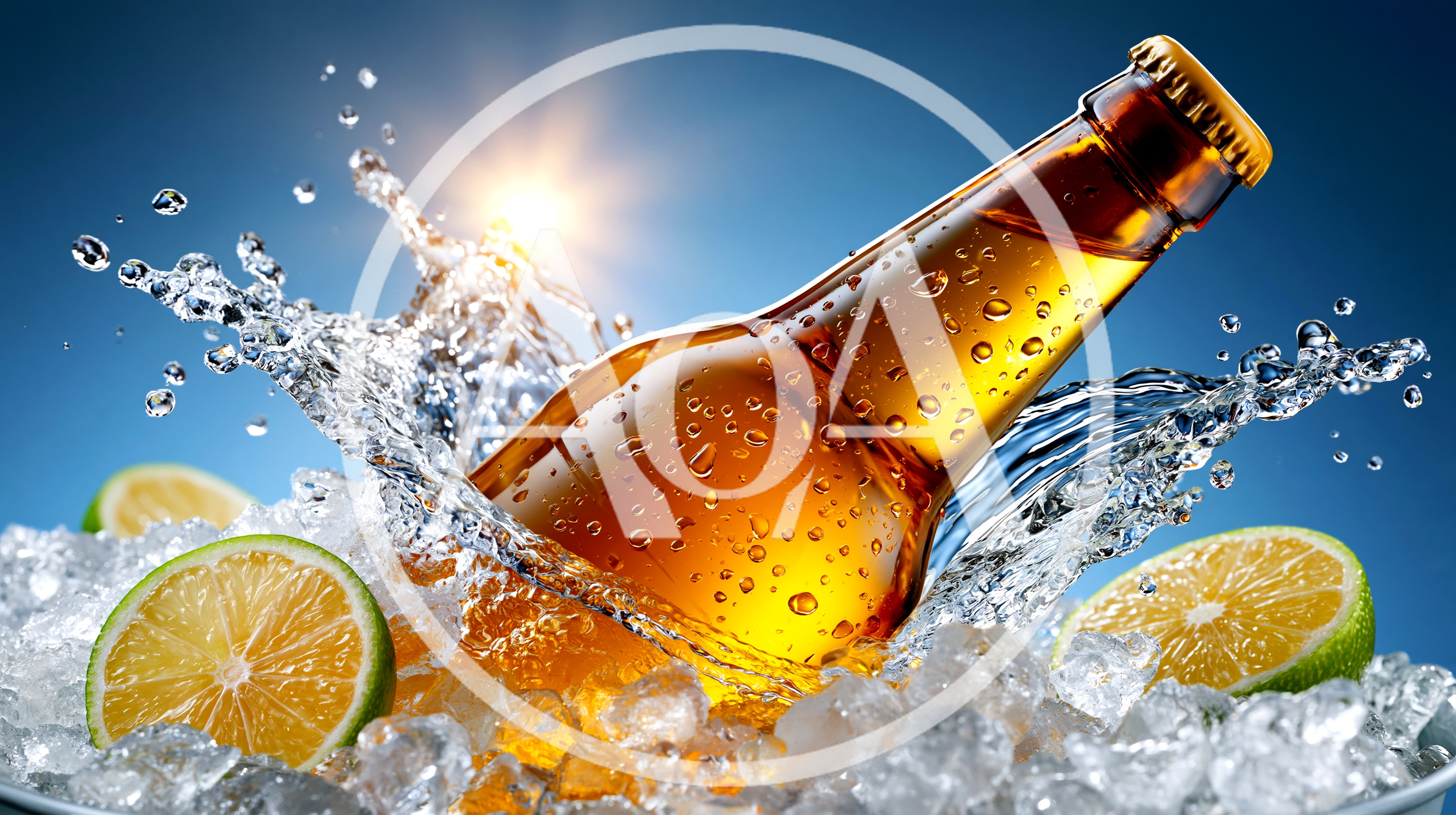 Beer Bottle Splashing In Ice With Lime Slices