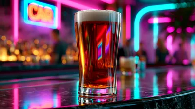 Glass Of Beer On A Neon Lit Bar Counter